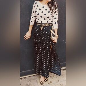 Lumiere Cream Black Raised Embroidered Polka Dot Long Sleeve Crew Neck Sweater S